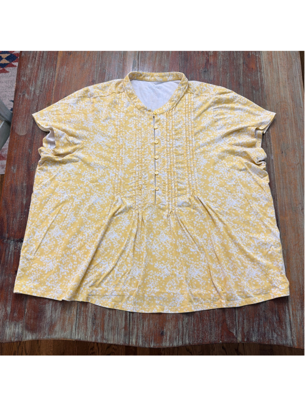 Lands' End Womens 3X Yellow Floral Pintuck Henly Top Short Sleeve 24W 26W Knit
